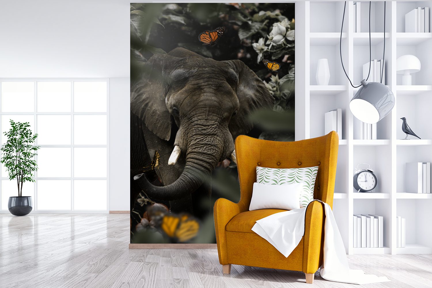 Elefant bedruckt, Wandtapete Matt, Dschungel, (3 - Vinyl Wohnzimmer, MuchoWow Fototapete - St), Schmetterling für Montagefertig Tapete