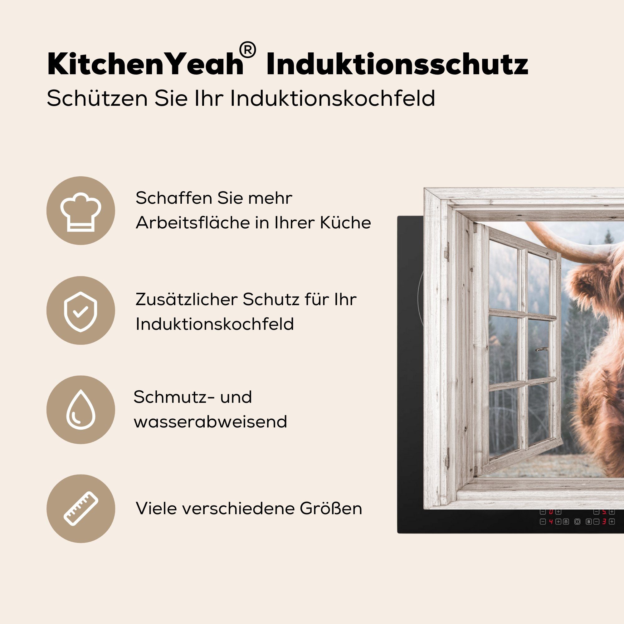 Schutz - Highlander - MuchoWow Ceranfeldabdeckung Induktionskochfeld cm, (1 Berg tlg), 81x52 für Schottischer die Aussicht, küche, Vinyl, Kuh Herdblende-/Abdeckplatte -