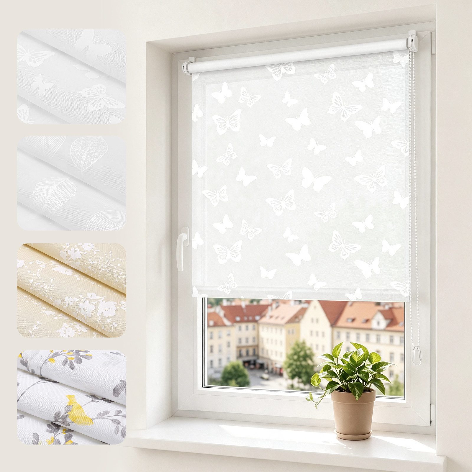 Rollo Seitenzugrollo Rollo ohne Bohren blickdicht Sichtschutzrollo, Sekey, Klemmfix, Klemmfix, Trendiges Rollo Lichtdurchlässig mit Schmetterling weiss – NEUHEIT
