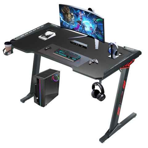 WILGOON Gamingtisch Gaming Tisch 120 x 60 cm, Z-Frame Gaming Schreibtisch, Headset & Getränkehalter, Kohlefaseroberfläche PC Gaming Schreibtisch