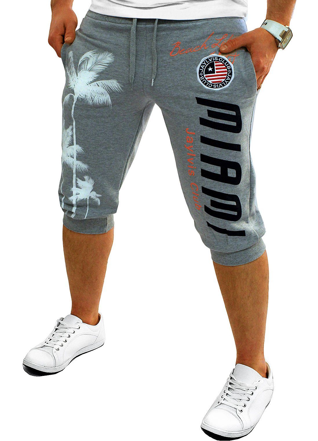 RMK Sweatshorts Herren Bermuda Short 3/4 Hose Kurze Jogginghose Sport Miami in Unifarbe, Elastikbund mit Tunnelzug Grau