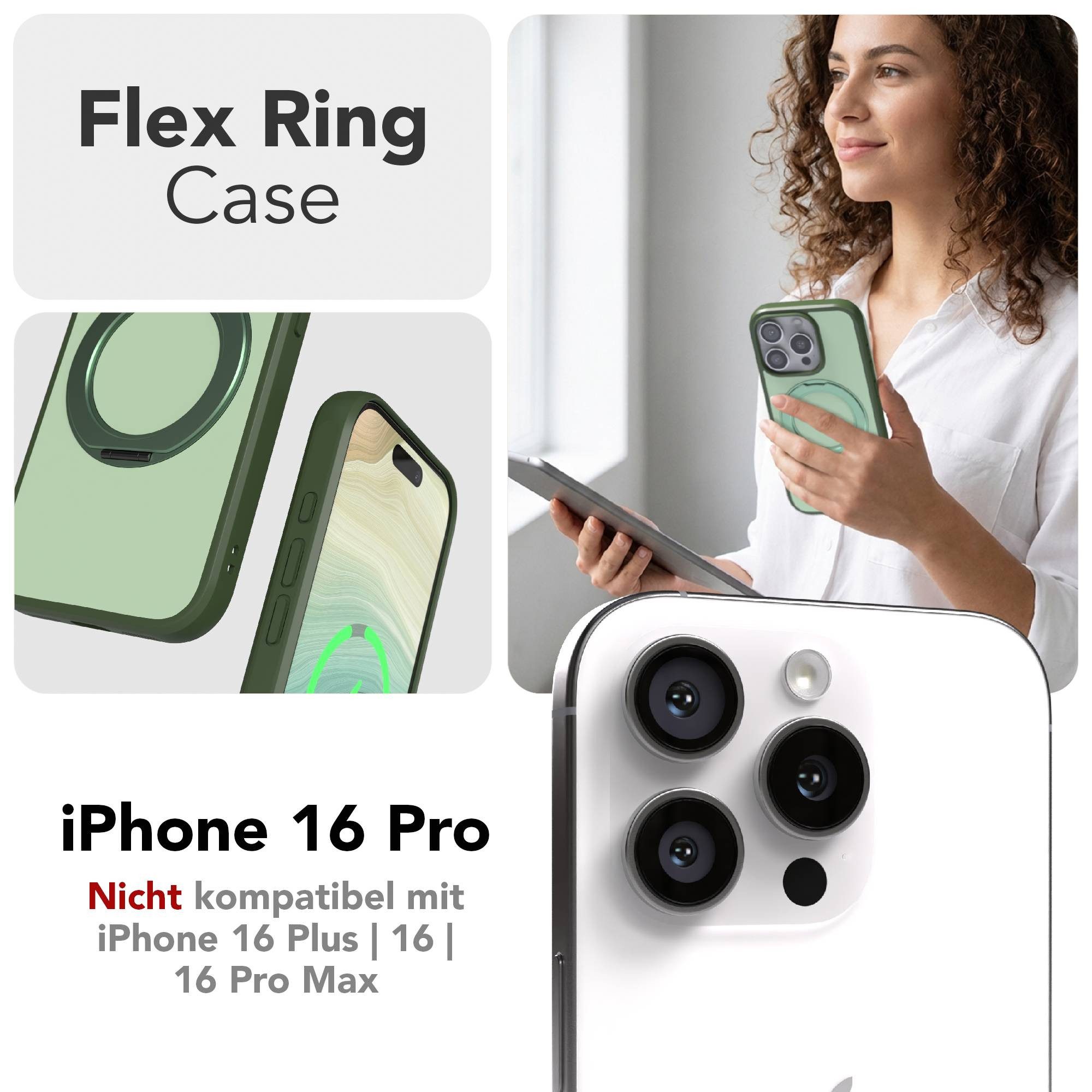 EAZY CASE Handyhülle Outdoor Apple iPhone 16 Pro Case MagSafe Rotation Ring 6,3 Zoll, Backcover Case mit Rotation Ring Outdoor Hülle aufstellbar Dunkelgrün