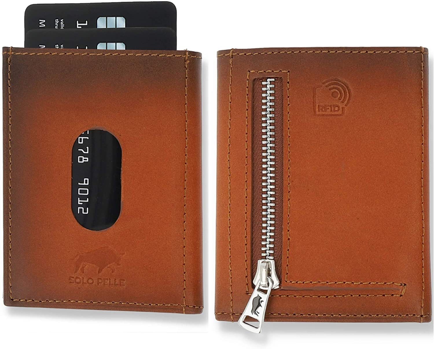 Solo Pelle Brieftasche Slim Wallet mit Münzfach [12 Karten] Slimwallet Riga [RFID-Schutz], echt Leder, RFID Schutz, Macde in Europe Cognac Braun