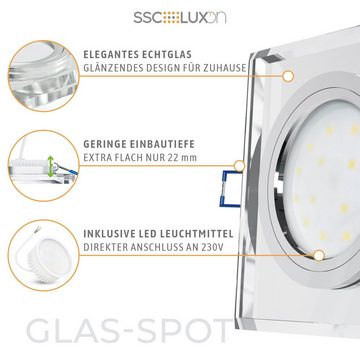 SSC-LUXon LED Einbaustrahler Flacher Design Einbaustrahler aus Glas quadratisch klar spiegelnd, Warmweiß