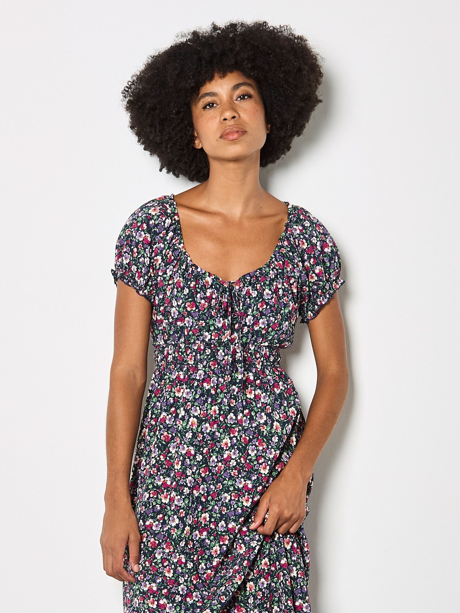 Apricot Druckkleid Midi-Kleid mit zierlichem Blumenmuster