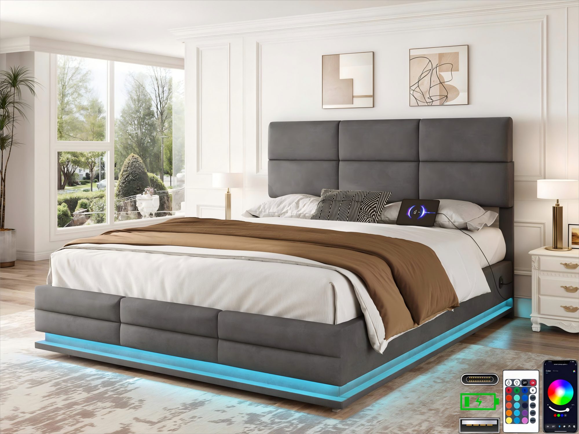 Boxbett 90/140/160/180x200 cm mit LED, USB, Typ C-Ladeanschluss, Bettkasten