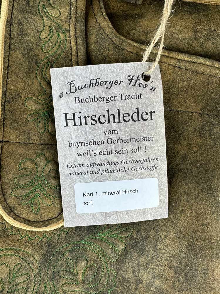 Buchberger Leder Trachtenlederhose 'Karl 1' mit Gürtel, Hirschleder Torf Grüner Stic