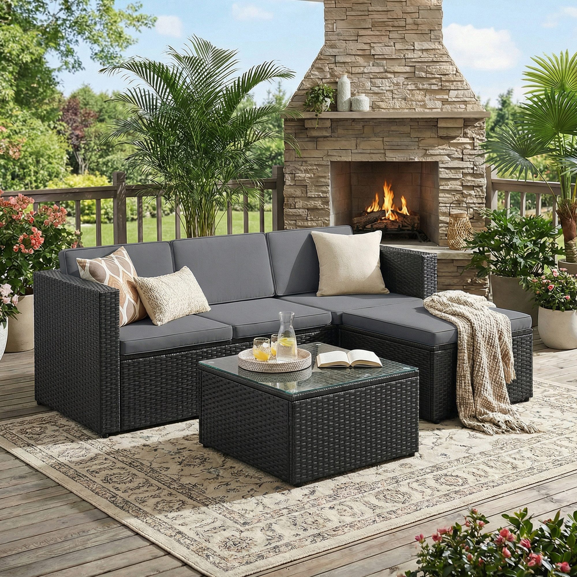 SONGMICS Gartenlounge-Set, (5-tlg., 1 Ecksofa, 1 Hocker, 1 Couchtisch, 7 Kissen), Balkonmöbel, handgeflochtenes Rattan