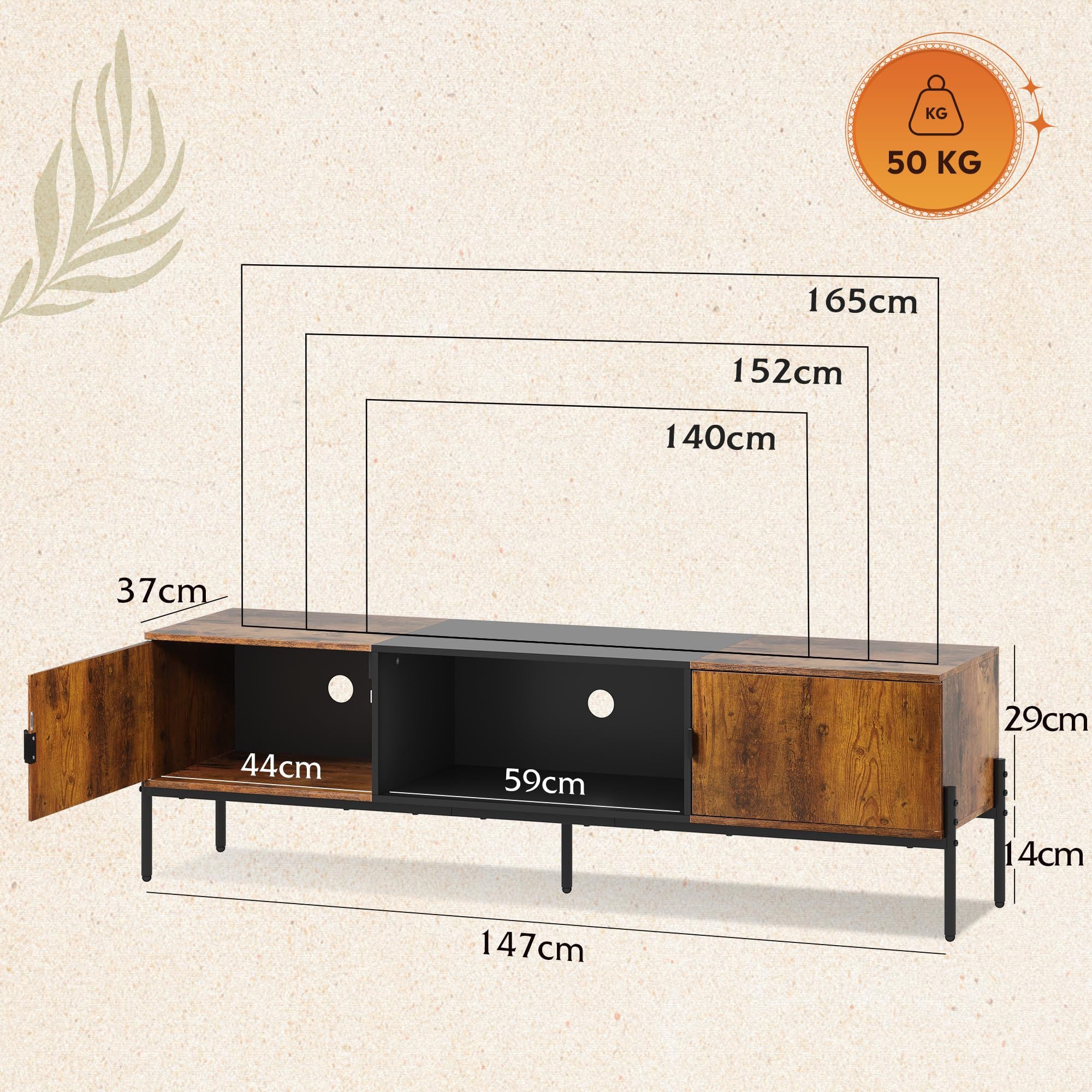 WLIVE Lowboard TV-Schrank für Fernseher bis zu 65 Zoll, 147 x 37 x 43 cm (TV Board mit Offenen Stauraum), Lange 147 cm Fernsehtisch für Wohnzimmer, Industrie-Design