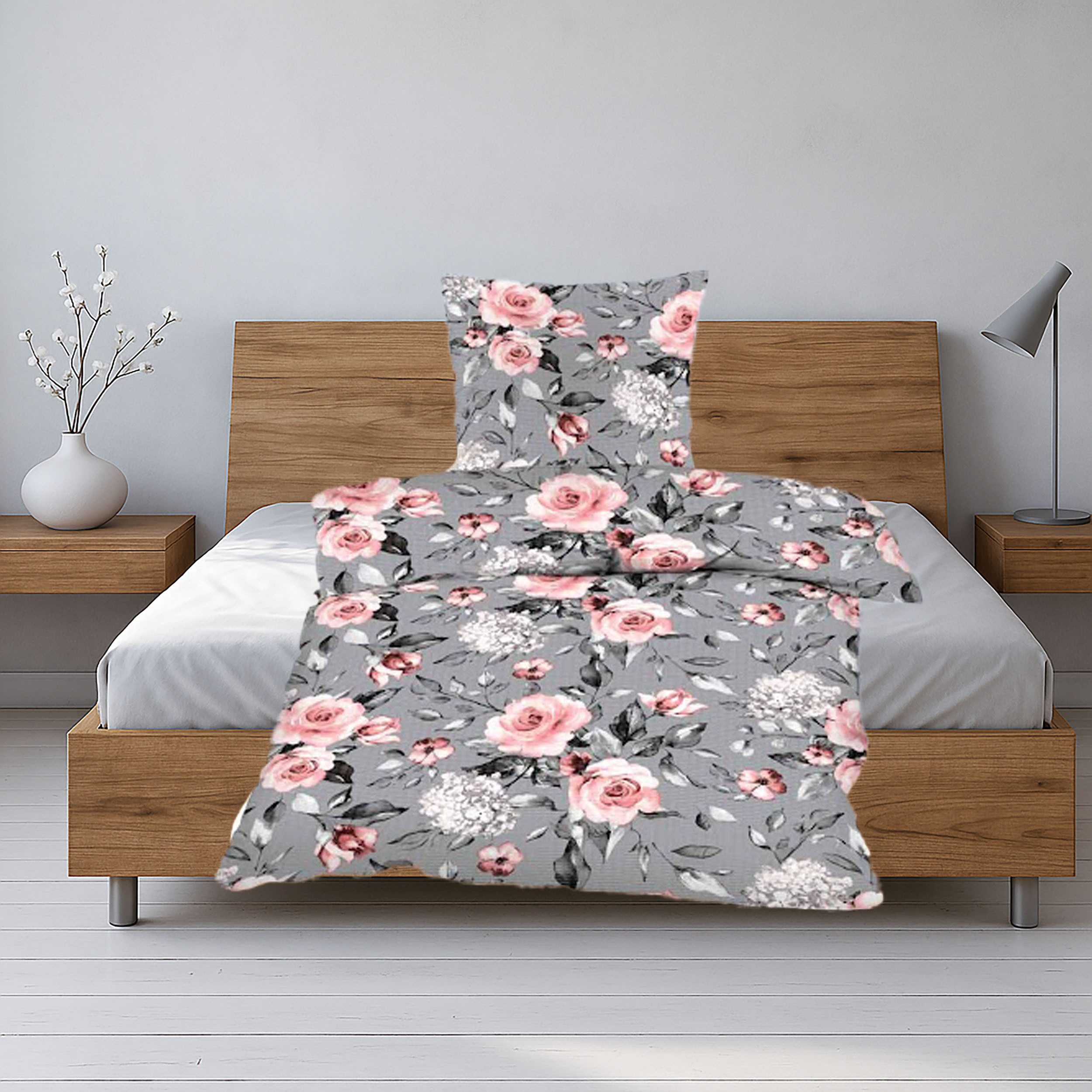 Casa Colori Bettwäsche Seersucker Bettwäsche Garnitur 135x200 Reißverschluss, Seersucker, 2 teilig, in Grau mit Rosenprint romantisch verspielt