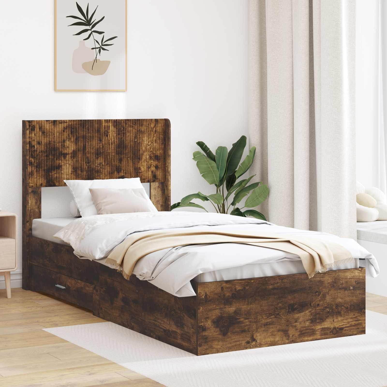 furnicato Bettgestell 193 x 82 x 100 cm Räuchereiche Massivholz mit Stauraum (1-tlg), Stabiles Einzelbett mit integrierten Fächern für dein Schlafzimmer