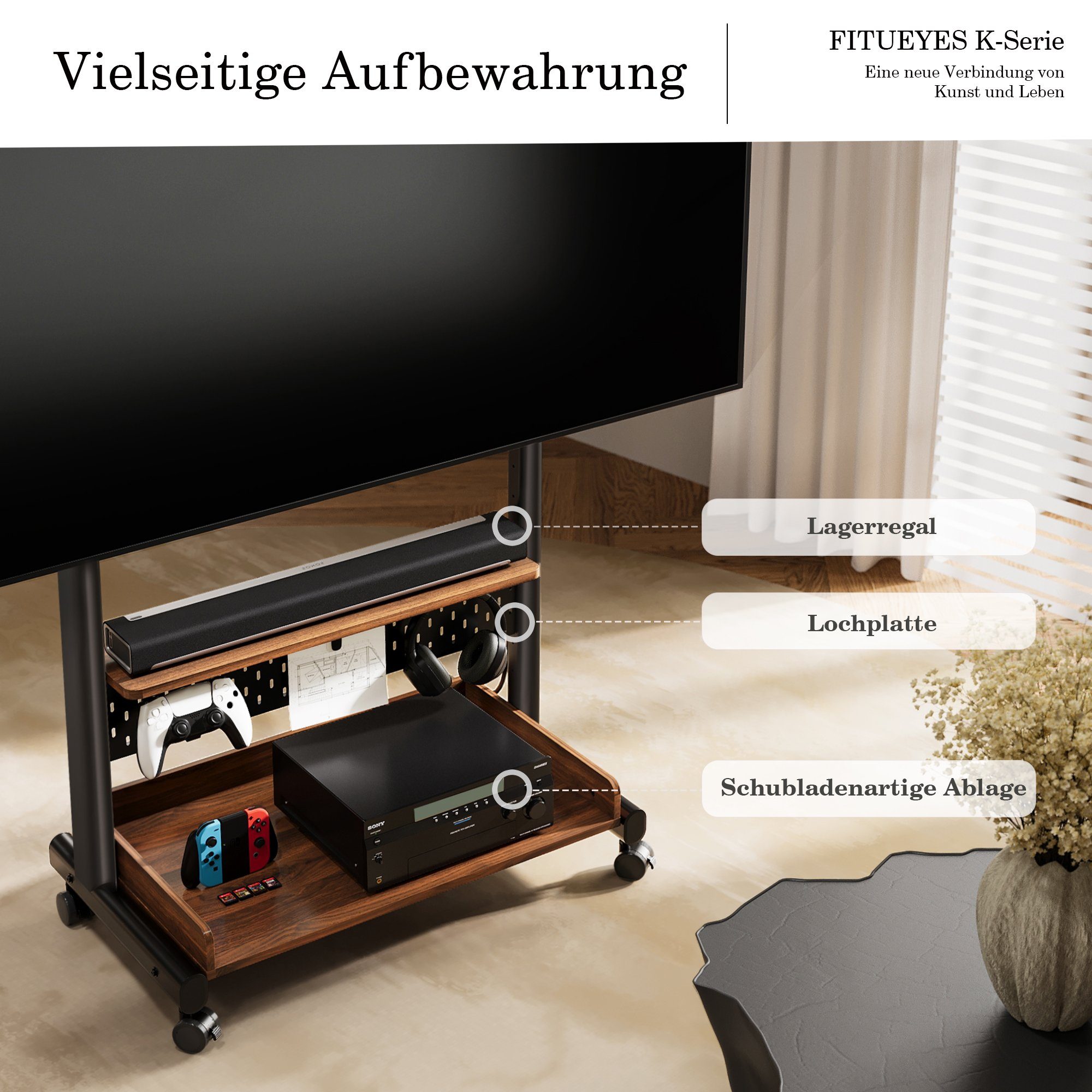 FITUEYES TV-Ständer TV-Rollwagen mit Ablageflächen, Lochwand, 40-85 Zoll, (bis 85 Zoll, mit Rollen, höhenverstellbar)