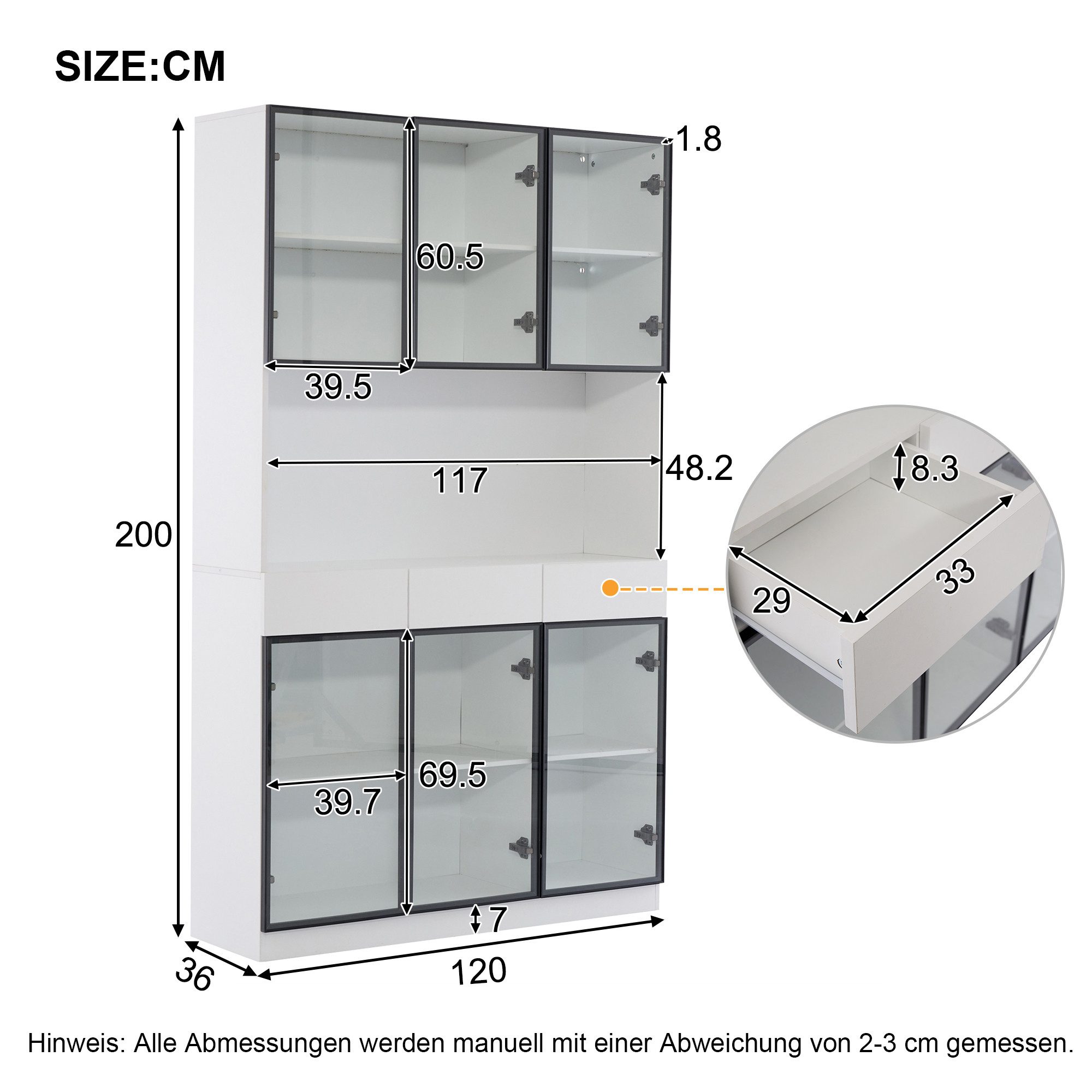 Flieks Glasvitrine Hochschrank mit LED-Beleuchtung, 6 Glastüren und 3 Schubladen (1-St., 120x36x200 cm) Multifunktionsschrank Vitrinenschrank Bücherregal Wohnzimmer Weiß