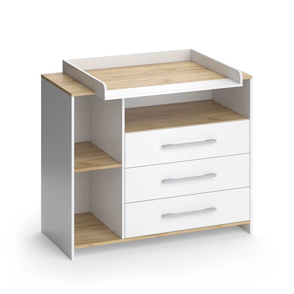 Vicco Wickelkommode Oskar, Weiß/Goldkraft Eiche, 113 x 93 cm mit 3 Schubladen