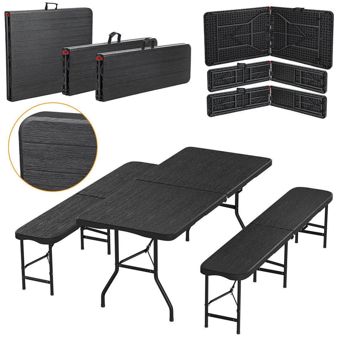 Clanmacy Bierzeltgarnitur Festzeltgarnitur, Biertisch Set, klappbar Campingtisch Holzma serung, (klappbar Festzeltgarnitur, 3-tlg., 180cm Klappbar Stabil 3 Teilig 2x Bierbank 1x Breiter Tisch), Wetterfest & Pflegeleicht