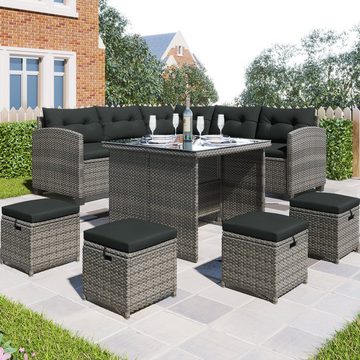 OKWISH Gartenlounge-Set Sofa Tisch Esstisch Outdoor Sitzgruppe, (8-tlg., mit Esstisch und Stuhl und 4 Ottomanen, graues Korbgeflecht), Allwetter-Rattan-Sofa