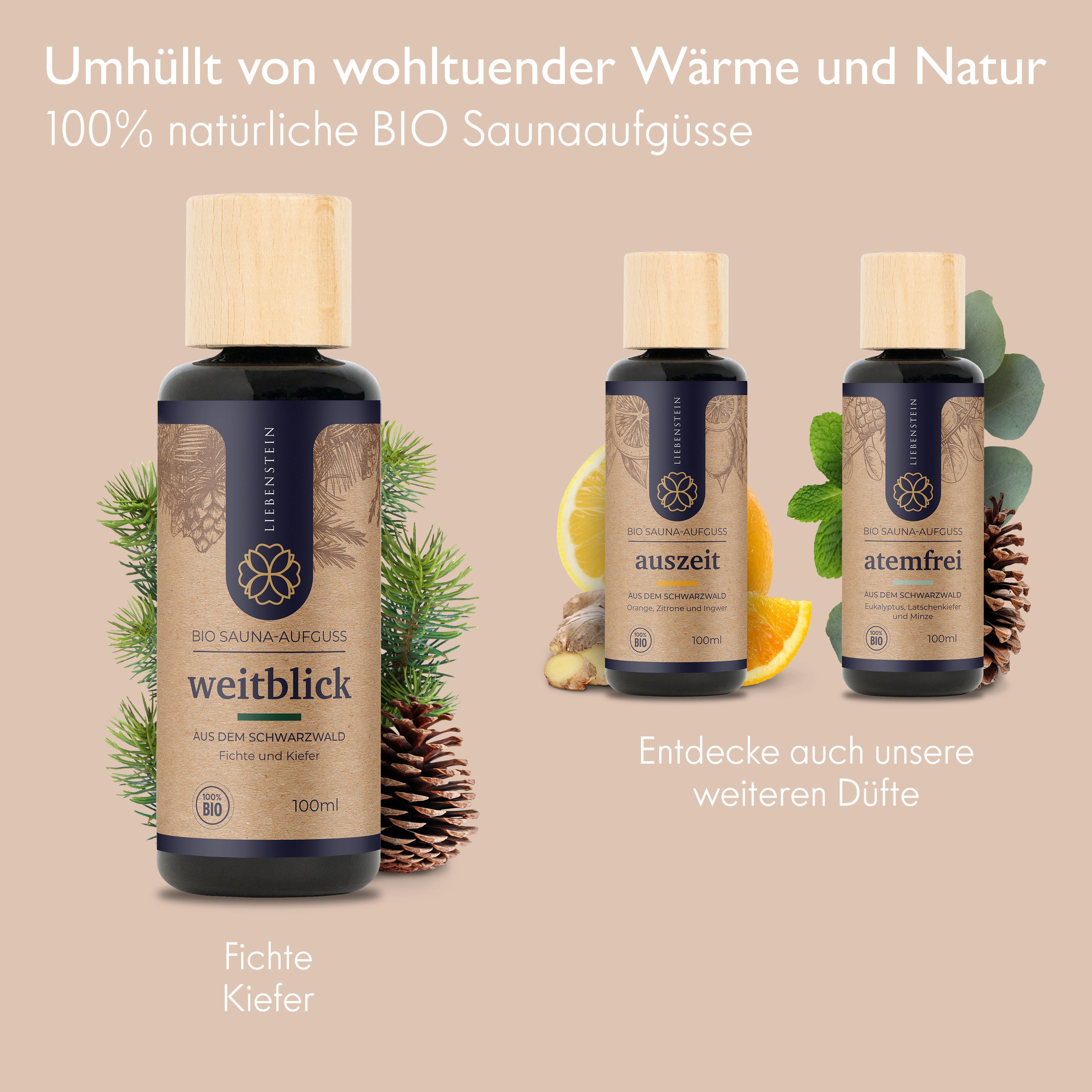 Liebenstein Sauna-Aufgussset Saunaaufguss "Weitblick" (1x100ml, 1-tlg., Fichte & Kiefer [Sauna Aufgussmittel] mit naturreinen ätherischen Ölen) im Schwarzwald e – Bild 4 von 5