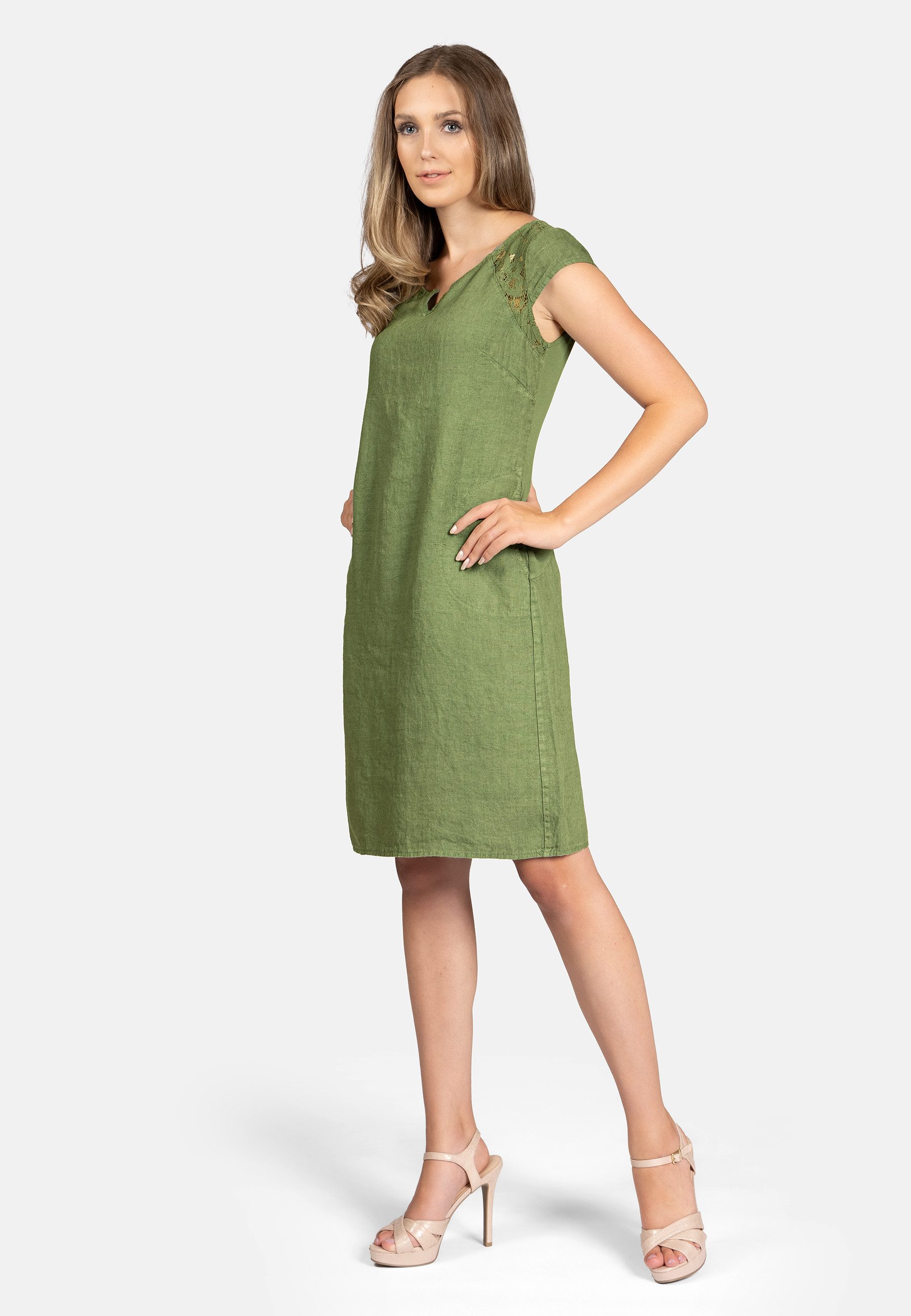 Caspar Sommerkleid SKL042 Damen Sommer Leinenkleid mit dezentem Spitzeneinsatz Luftig leicht, figurumspielende Form, mit seitlichem Jersey-Einsatz – Bild 3 von 5