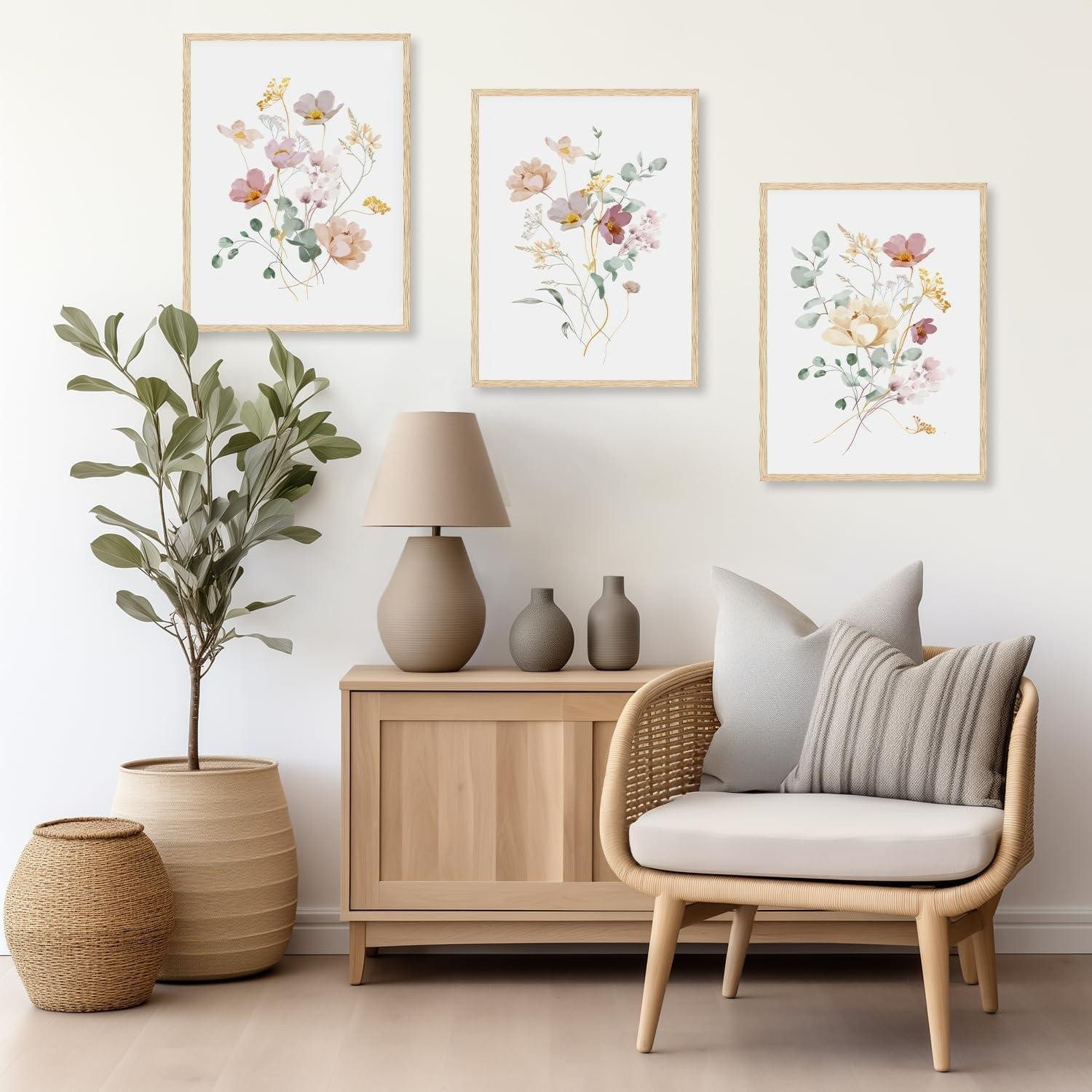 LuxusKollektion Leinwandbild Aquarell Blumen Leinwand Bilder Set Wohnzimmer Schlafzimmer Deko, (3 St) – Bild 2 von 5