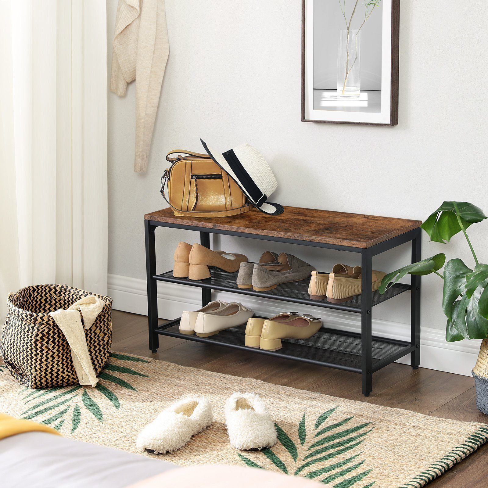 VASAGLE Schuhbank Schuhregal mit 2 Gitterablagen, für Eingangsbereich, Flur, Wohnzimmer, Aufbewahrung für Schuhe, 80x30x44.5cm, Metallgestell, Industrie-Design