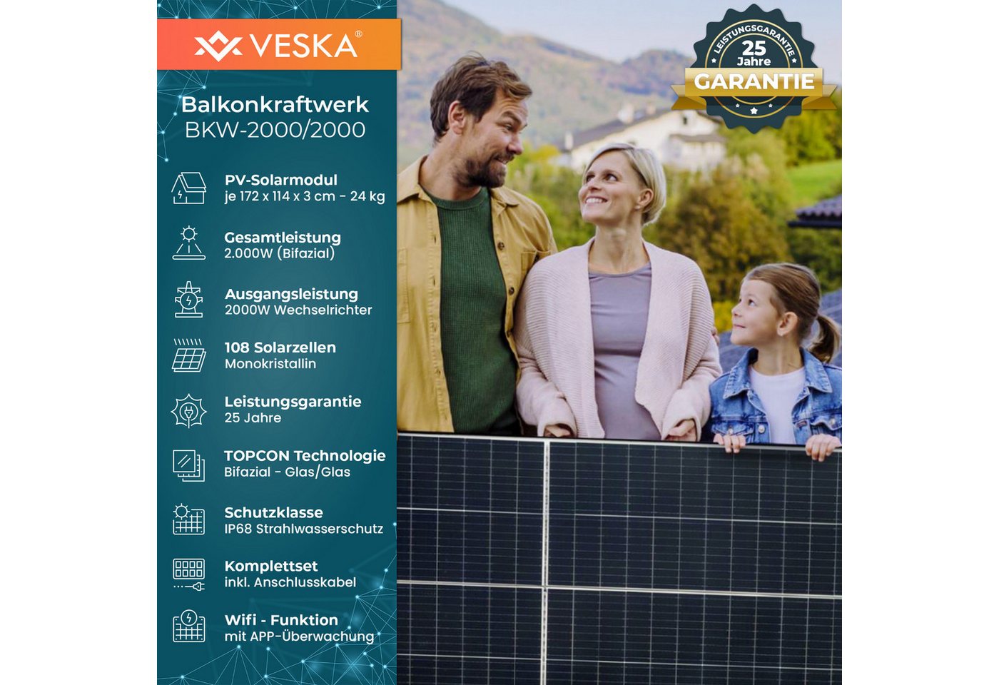 Thumbnail - VESKA Solaranlage Balkonkraftwerk 2000 Watt Photovoltaik PV Anlage, 2000,00 W, Monokristallin, (Komplettset, Schwarz WIF...