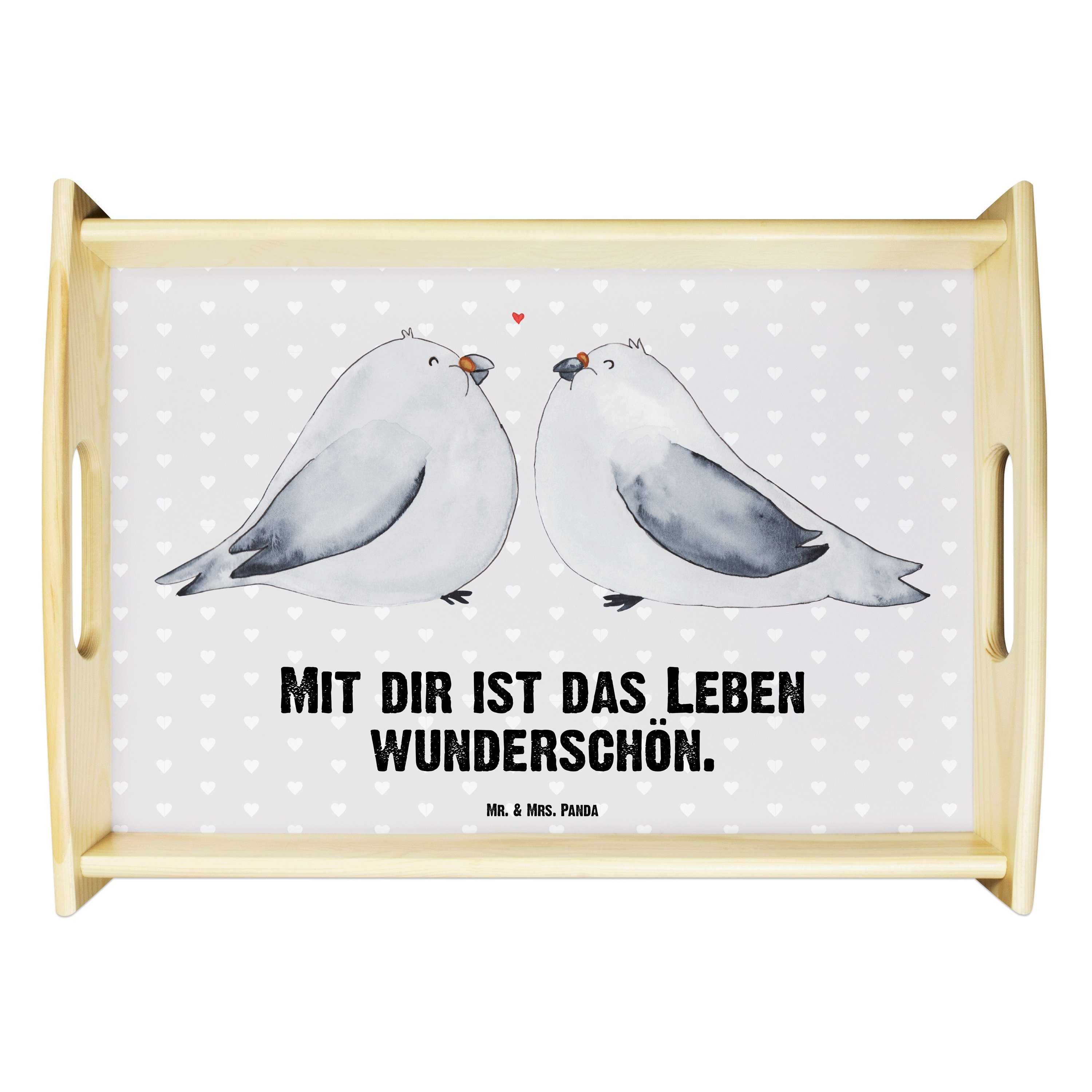 Mr. & Mrs. Panda Tablett Turteltauben Liebe - Grau Pastell - Geschenk, Partner, Freundin, Jahr, Echtholz lasiert, (1-tlg)