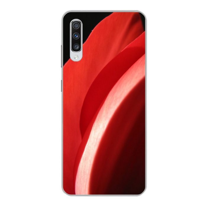 MuchoWow Handyhülle Nahaufnahme des Kopfes einer roten Tulpe vor einem schwarzen Phone Case Handyhülle Samsung Galaxy A70 Silikon Schutzhülle