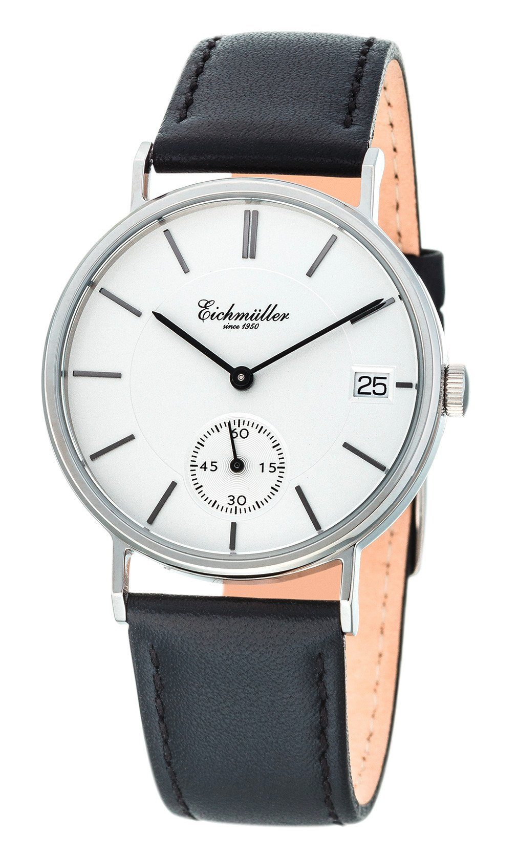 Eichmüller Quarzuhr elegante Herren-Armbanduhr, kleines Gehäuse, 3037-04, weißes Zifferblatt, schwarzes Lederarmband, 37 mm