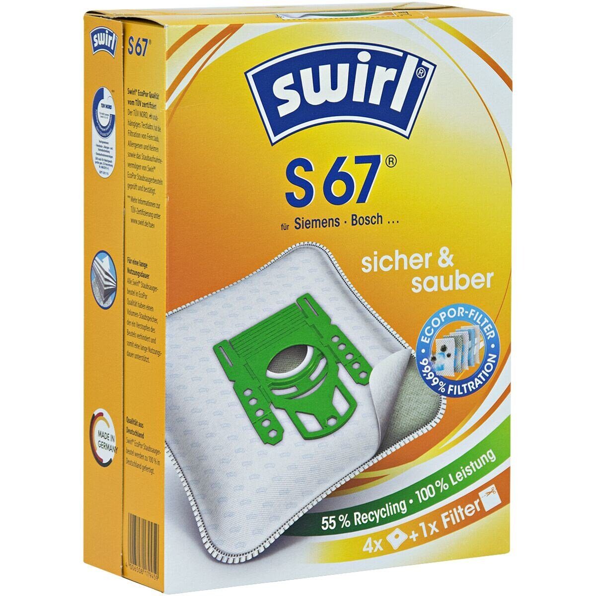 Swirl Staubsaugerbeutel S67 MP Plus AirSpace, passend für BOSCH, Hanseatic, KÄRCHER, Melitta, Privileg, SEVERIN, Siemens, 4 St., Anti-Allergen-Filtration, Extra-Filterkammer, staubfreie Entsorgung