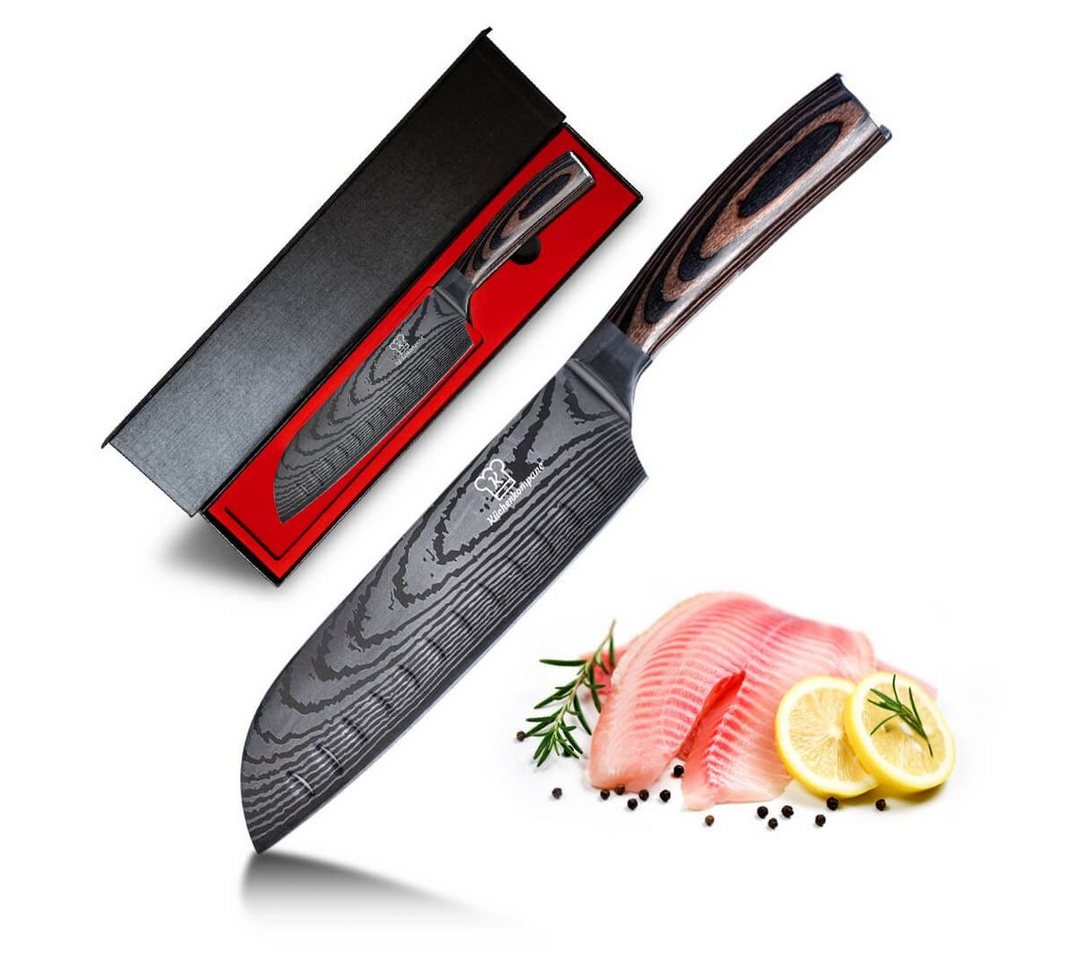 Küchenkompane Fleischmesser Profi Santokumesser – 18 cm – Pakkaholz-Griff – Damast-Optik