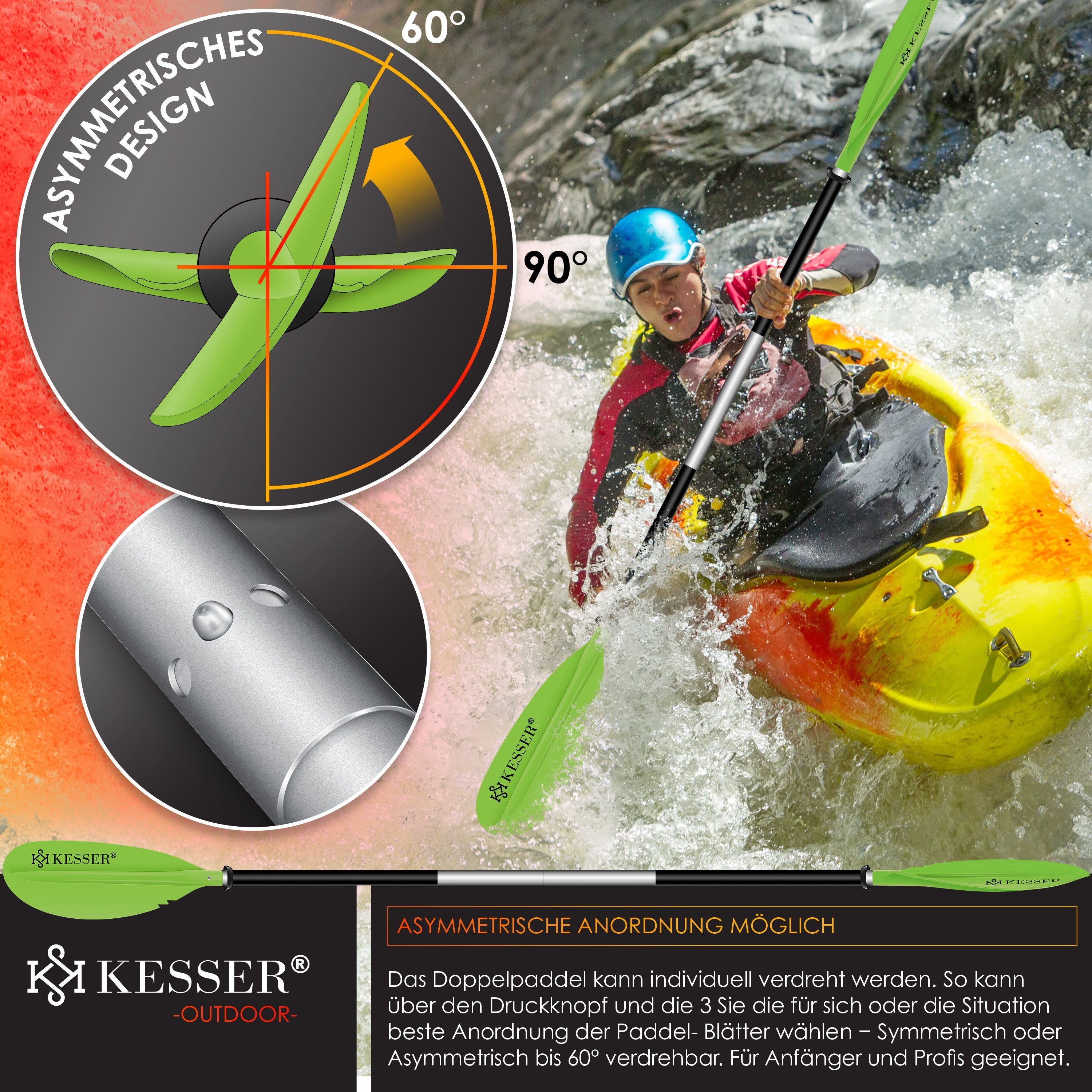 Kanu SUP für Kayak SUP-Paddel, Paddle KESSER Doppelpaddel 4-teilig grün Stand-Up