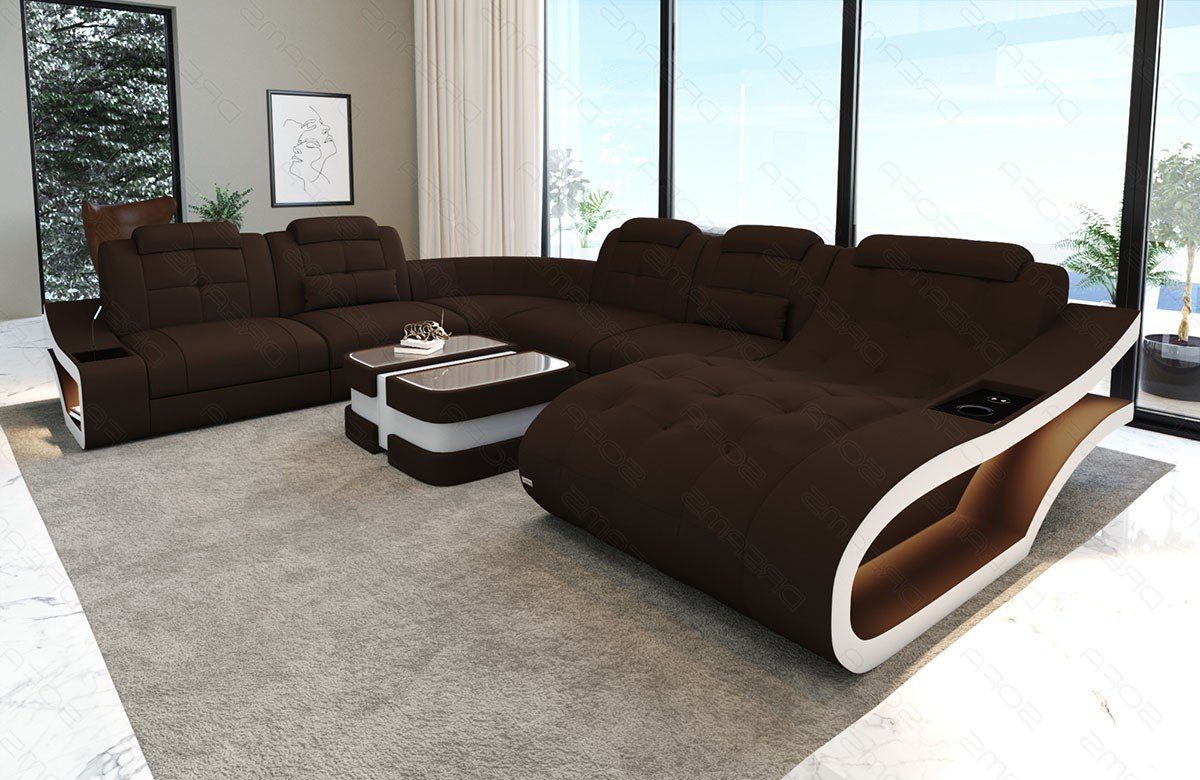XXL Polster Sofa M Stoffsofa dunkelbraun-weiß Sofa Bettfunktion wahlweise Stoff Form Couch, mit Wohnlandschaft Elegante Dreams