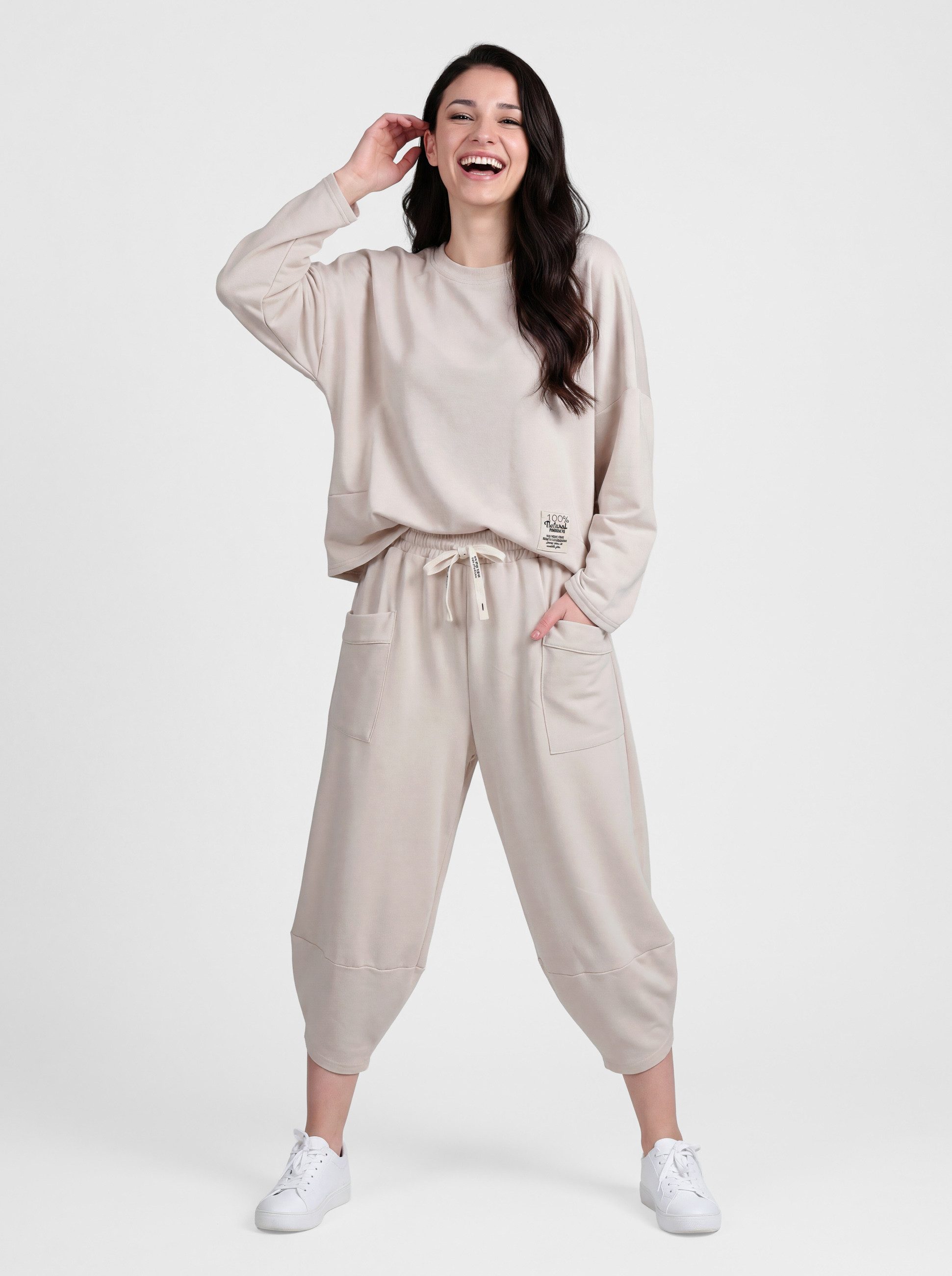 PEKIVESSA Jogginganzug Oversized Jersey-Sweatanzug Set mit 7/8-Hose (2-tlg), weicher Jersey Sweatshirt & Sweatpants 2-tlg.
