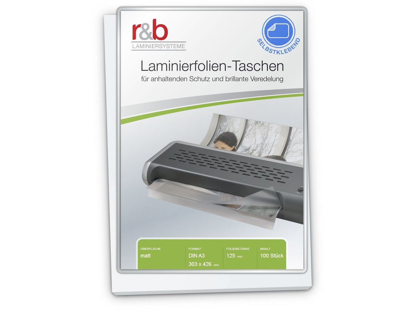 r&b Laminiersysteme Schutzfolie Laminierfolien A3 (303 x 426 mm) 2 x 125 mic matt mit selbstklebende Rückseite