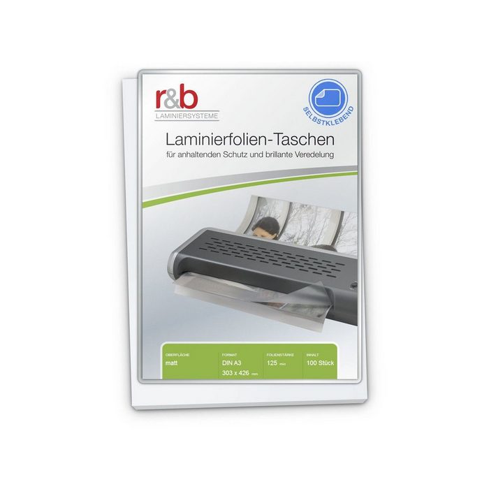 r&b Laminiersysteme Schutzfolie Laminierfolien A3 (303 x 426 mm) 2 x 125 mic matt mit selbstklebende Rückseite