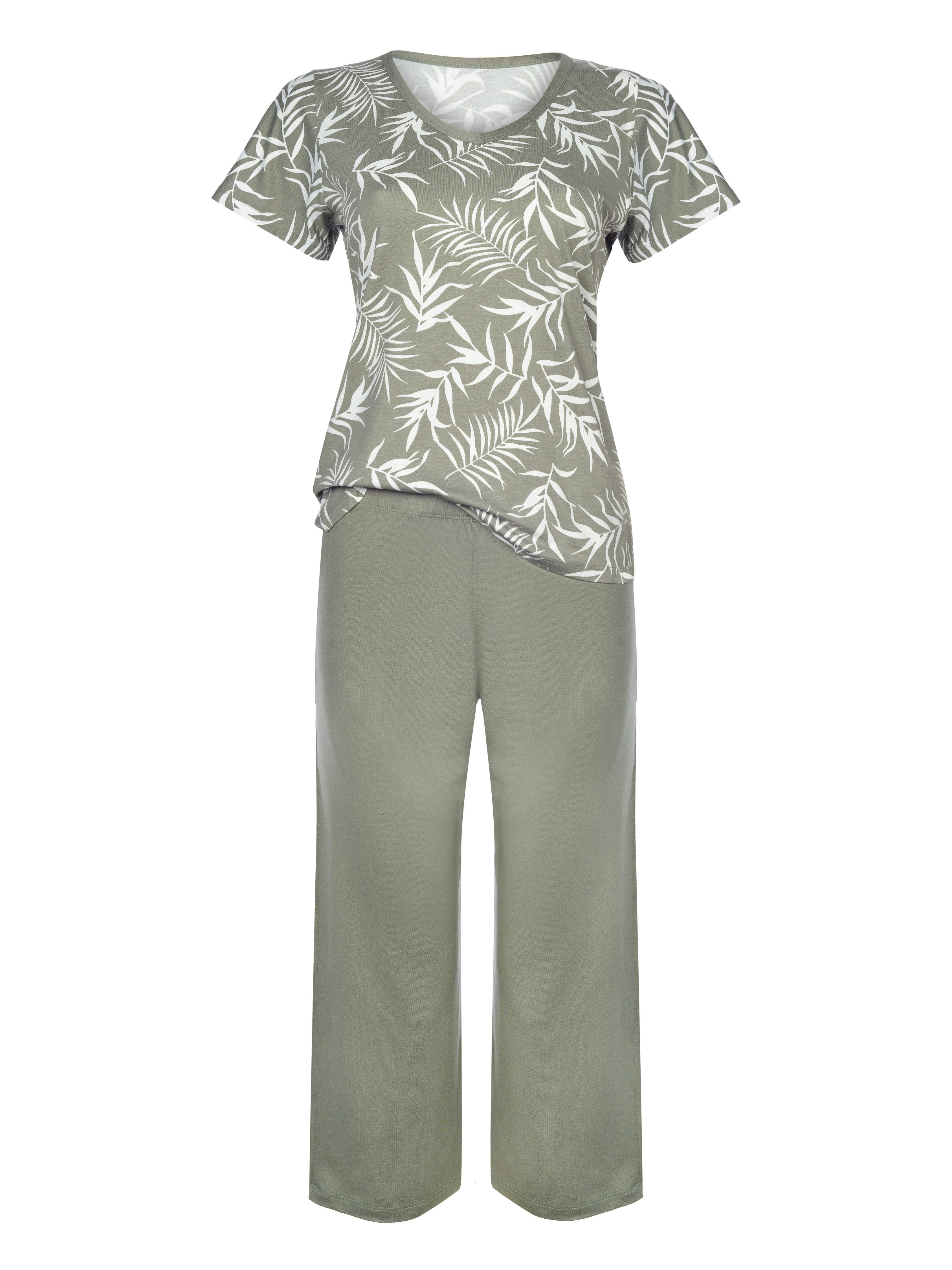 Donna Capri-Pyjama 3/4 Schlafanzug mit Palmen-Druck & Basic-Hose in oliv (2 günstig online kaufen