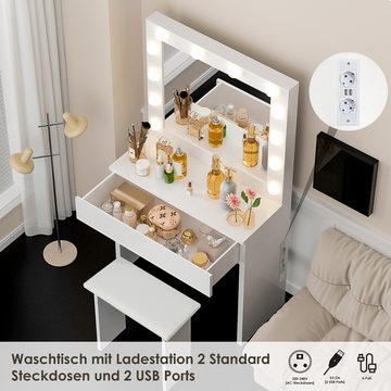 LETGOSPT Schminktisch Modern Schminktisch Schlafzimmer,Frisierkommode mit Spiegel und Hocker, Frisiertisch Kosmetiktisch Hollywood LED-Beleuchtung mit Ladefunktion