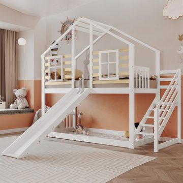 XDeer Kinderbett Etagenbett, Holzbett mit Treppe und Gitter, Rutsche und Fenster, Blockhaus mit Absturzsicherung, Massivholz, 90x200 cm