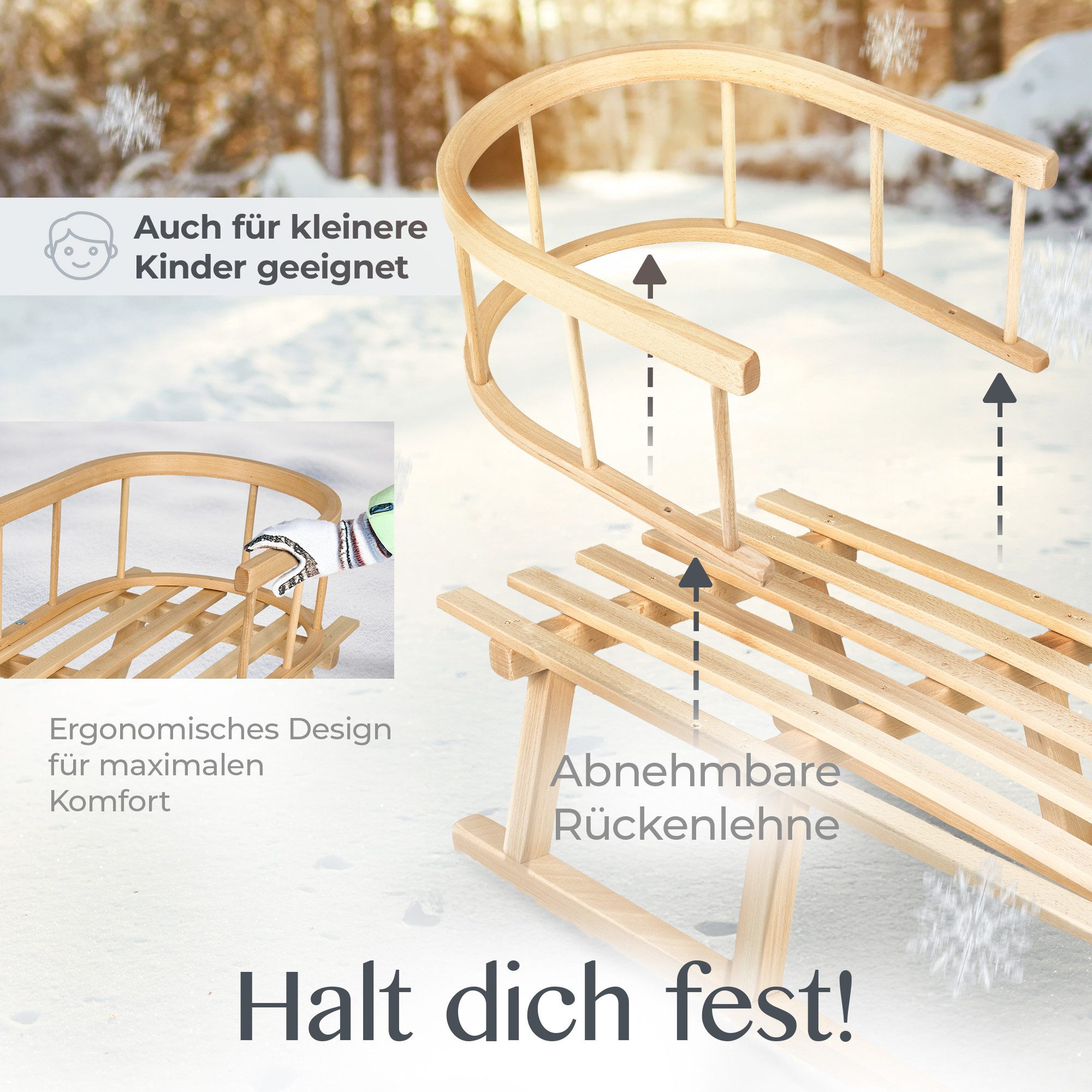 BambiniWelt by Rafael K. Schlitten CE-HOLZSCHLITTEN mit Rückenlehne Zugleine + WINTERFUßSACK Wolle 108cm (universaler Winterfußsack (108cm) + Holzschlitten (90cm), Kombi-Angebot