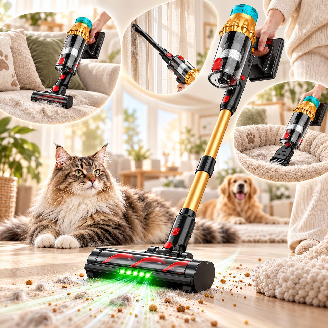 POZZOO Handstaubsauger Kabelloser 650-W-Akku-Staubsauger mit 50 kPa Saugkraft, 3 Stufen., 3 Saugstufen, Stielstaubsauger mit LED-Bürste und Wand-Ladestation
