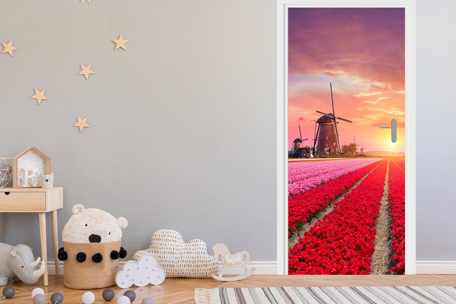 St), Matt, Türaufkleber, Sonnenuntergang - Tulpen Türtapete Rosa, MuchoWow bedruckt, Windmühle für - Tür, cm Fototapete - - (1 Blumen 75x205