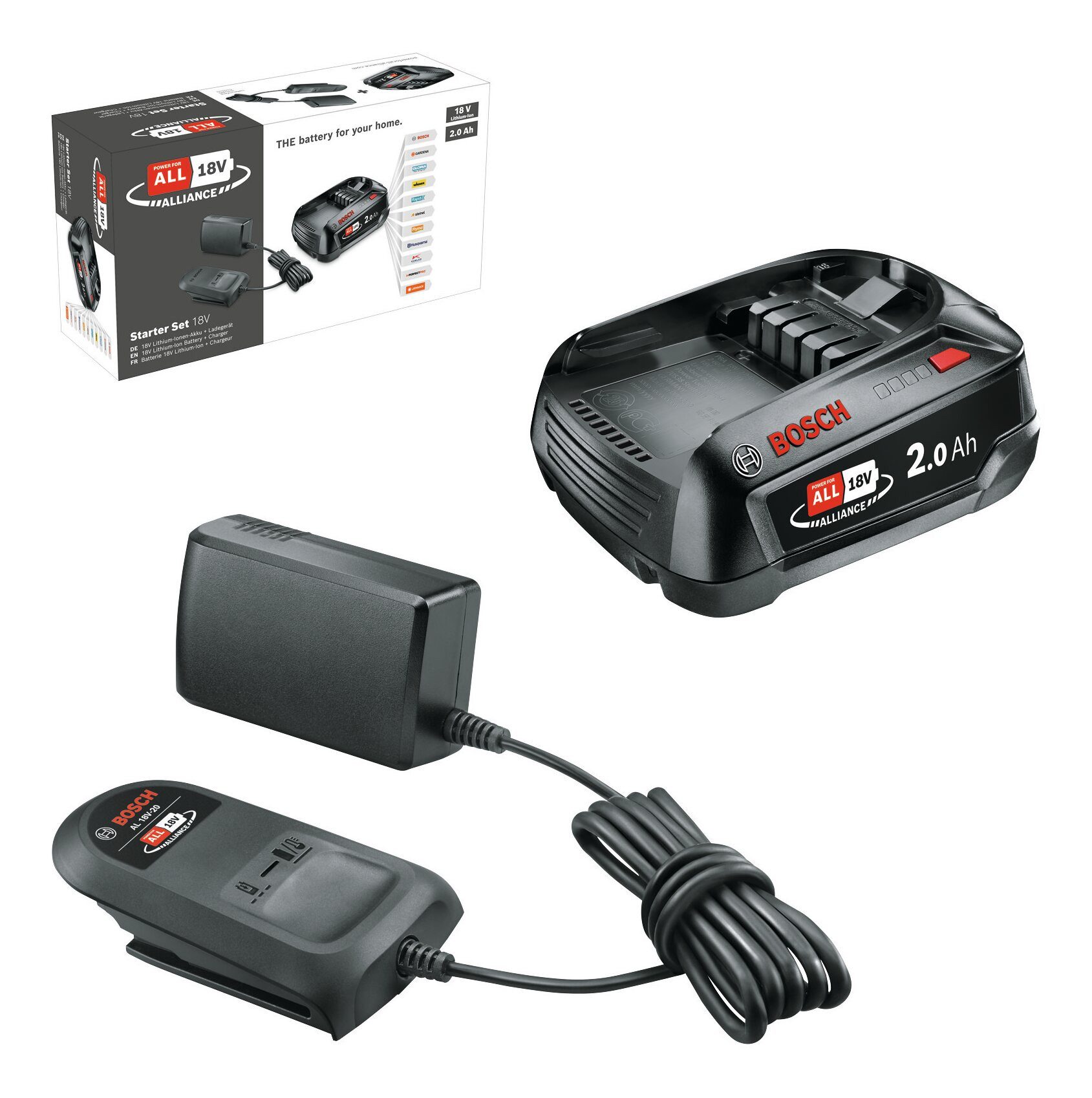 BOSCH PBA Akku Starter-Set (18 V), Mit 1x Akku 2 Ah & Ladegerät AL 18V-20 - im Karton