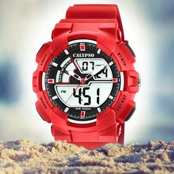 CALYPSO WATCHES Digitaluhr Calypso Herren Uhr K5771/2, Herren Armbanduhr rund, Kunststoff, PUarmband rot, Sport