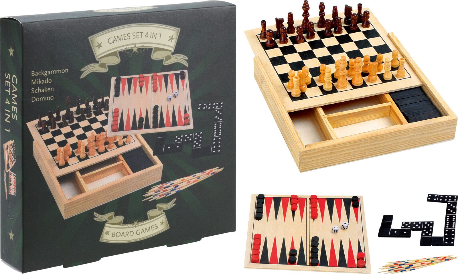 Koopman Игрыsammlung Gesellschaftsspiel Holzspiel 17x17 cm Holzkiste Familienspiel Set, 4-in-1, Mikado, Игрыset, Schach, Dame Domino