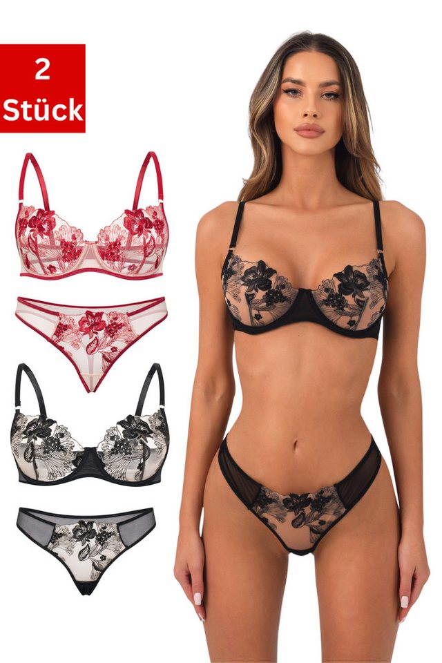Elegant Love Set: Bügel-BH 2-teiliges Dessous-Set mit besticktem BH und Tanga (Packung, 2er-Pack) Reizwäsche-Set – Lingerie-Unterwäsche aus Mesh mit String