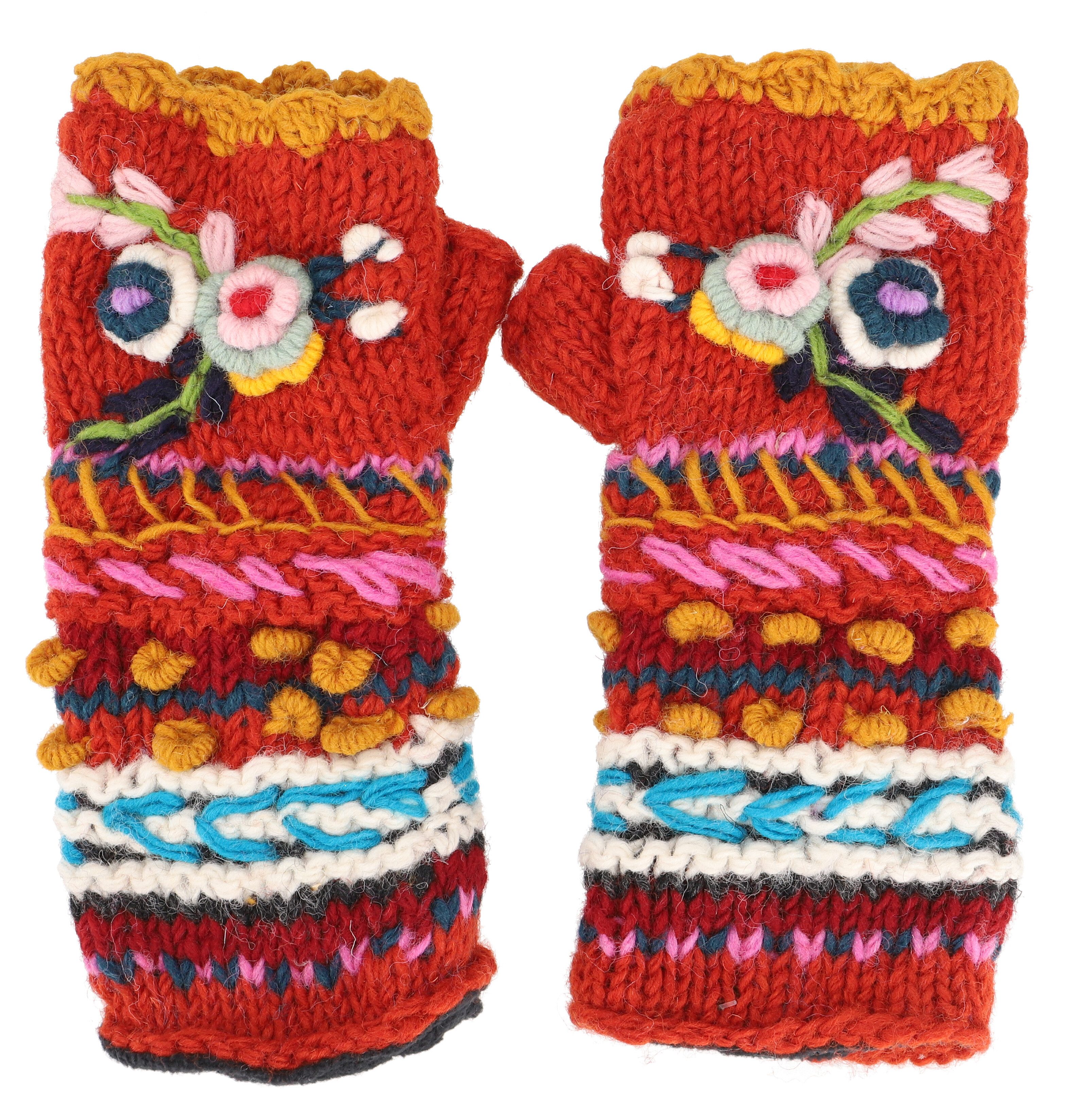 Guru-Shop Strickhandschuhe Handstulpen aus Wolle mit Blume, handgestrickte..
