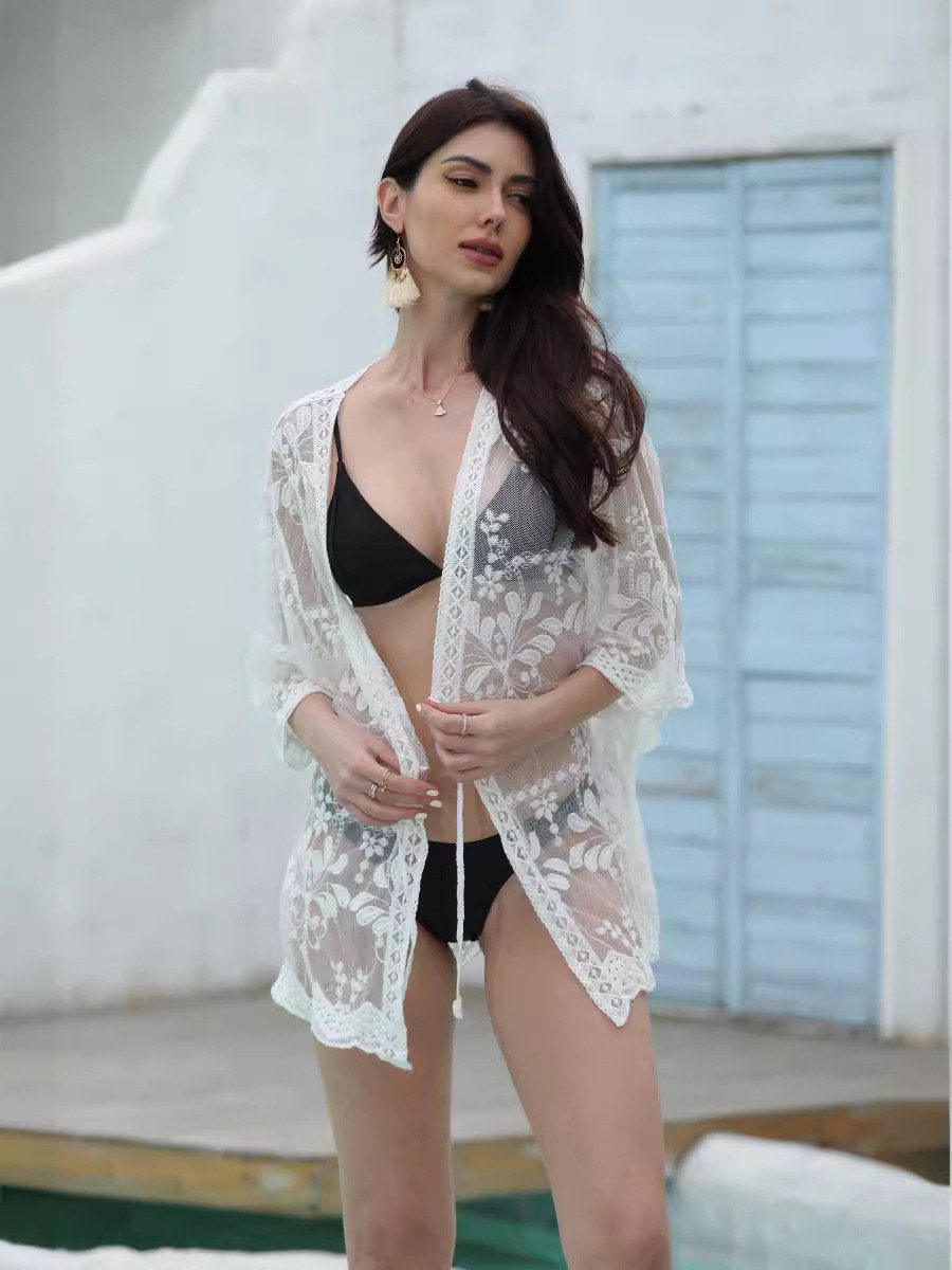MOPUEA Strandkleid Häkelkleid Damen Strand Tunika Sommer Bikini Cover-Up Strandmode (1-tlg) Kimono luftiges Sommerkleid Boho Kleid leichter Überwurf Einheitsgröße