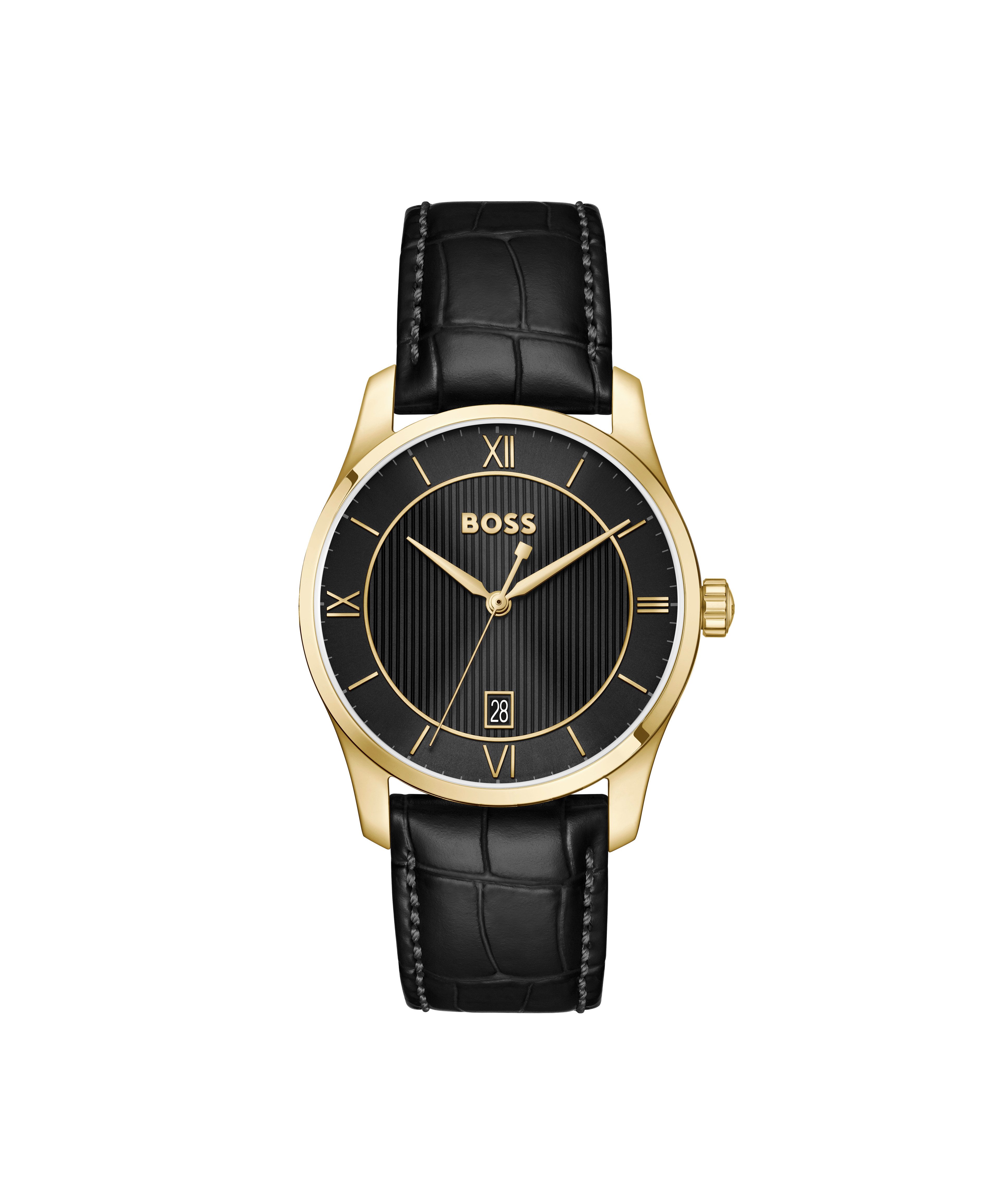 BOSS Quarzuhr PRINCIPLE 1514364, Armbanduhr, Damenuhr, Herrenuhr, Lederarmband, analog, Tag