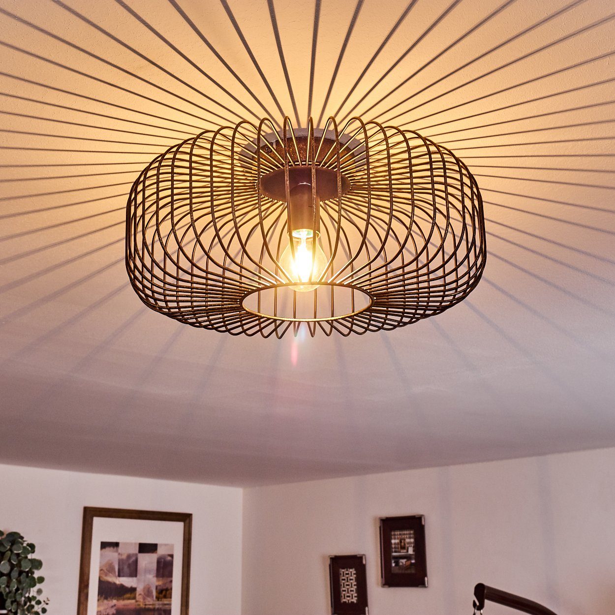 ohne in hofstein Retro-Leuchte mit Deckenlampe Gitter-Optik »Pieris« runde Deckenleuchte Leuchtmittel, Metall Lichteffekt aus E27, Schwarz/Gold, durch