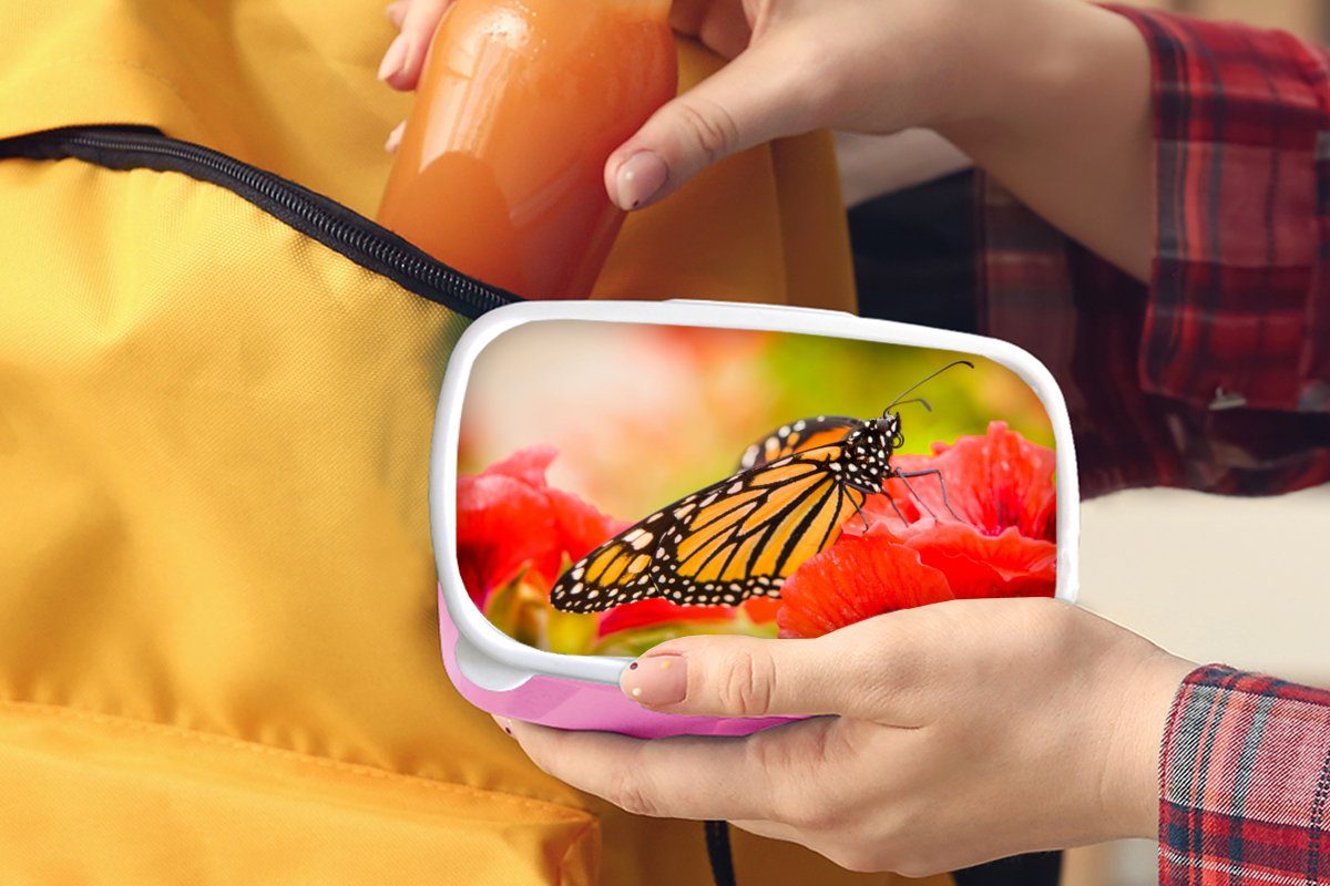 MuchoWow Lunchbox Blumen - Schmetterlinge rosa Brotbox Snackbox, Kunststoff, (2-tlg), Kunststoff - Erwachsene, Kinder, Monarch, Mädchen, für Brotdose